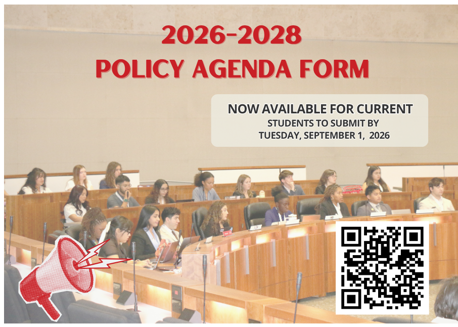 Photo of college students sitting in a board meeting room. Design on photo says 2026-2028 policy agenda form now open until September 1, 2026.