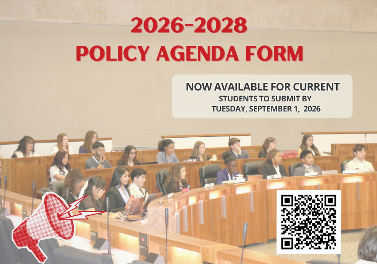 Photo of college students sitting in a board meeting room. Design on photo says 2026-2028 policy agenda form now open until September 1, 2026.