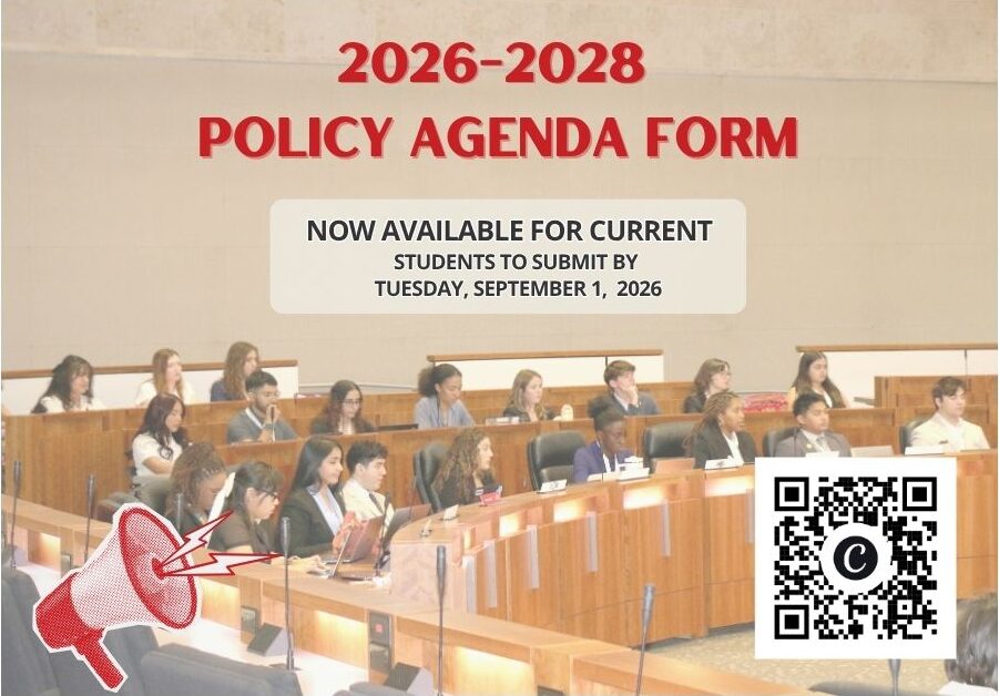 Photo of college students sitting in a board meeting room. Design on photo says 2026-2028 policy agenda form now open until September 1, 2026.